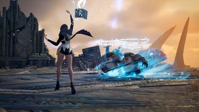 Seen from behind, a dark-haired woman in a black and silver outfit and black heeled boots lifts one hand toward a stone cube with glowing white runes hovering above her; ahead, two large shaggy beasts with red-striped faces crouch inside spinning rings of icy shards and blue light, between crumbling stone ruins and tall curved spires under an orange sky.