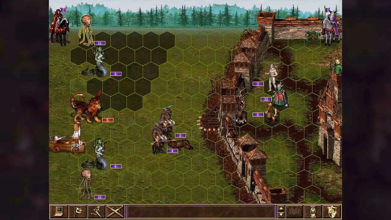 A grassy battlefield with a hex grid, part of it shaded dark to show where a creature can move. At left a mounted hero, a catapult, women with snake tails, a lion with bat wings and bull-headed warriors. At right a wooden palisade with towers and defenders, and a mounted hero at top right.