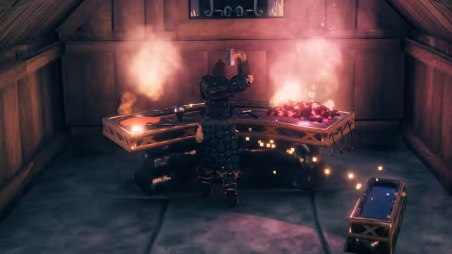 Inside a wooden workshop, an armored Viking raises a hammer over a dark metal forge bench heaped with glowing red coals, with a water-filled trough in the foreground.