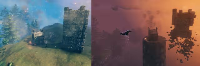 Two side-by-side screenshots: on the left a small wooden house and a tall stone wall stand on a grassy hilltop; on the right, under a red sky, the ground has dropped away, the house sits alone on a narrow rock pillar, the stone wall breaks apart and a Viking hangs in mid-air beside them