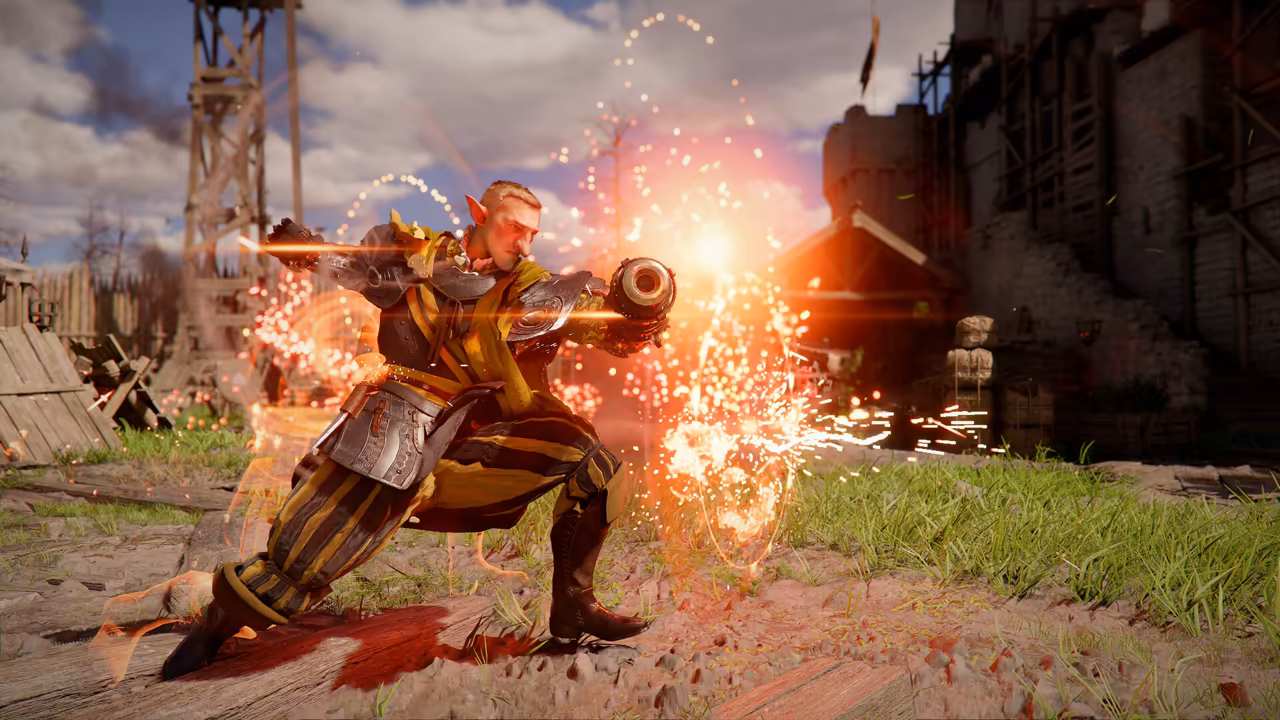 On a grassy field by a wooden palisade and a timber watchtower, a man with short blond hair in armor over yellow and black striped clothes crouches and fires a short, wide cannon held in both hands. Sparks, fire and glowing streaks burst from the barrel and swirl around him, and a stone keep stands at right.