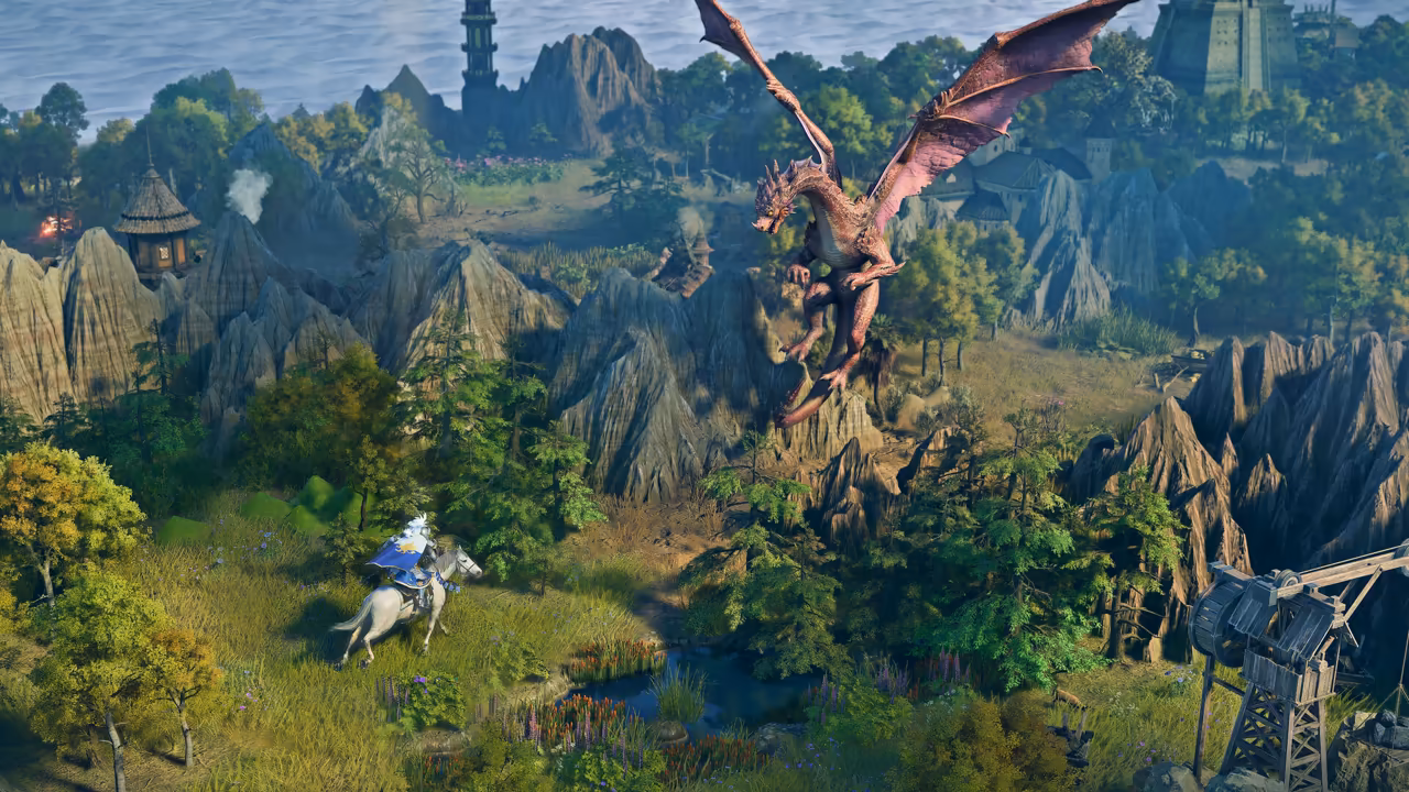 A 3D landscape of green grass, trees and tall jagged gray rocks. A hero in white and blue rides a white horse in the foreground, a large red dragon spreads its wings above, and a tower and a wooden crane stand at the edges.
