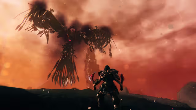 Screenshot of a huge winged creature of black feathers swooping toward a player standing on dark rock under an orange sky