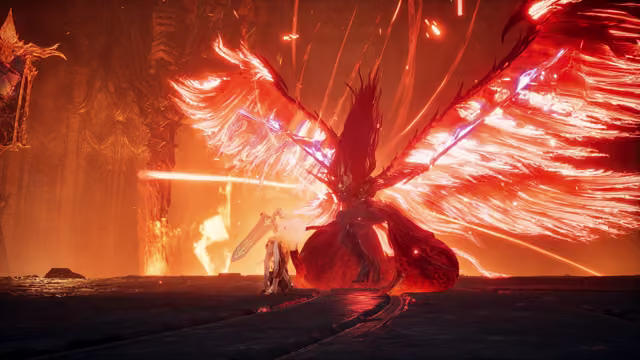 In a dark stone hall lit orange by flames, a small armored figure holding a large sword stands before a much larger creature whose spread wings are made of red and white fire, with embers and beams of light in the air.