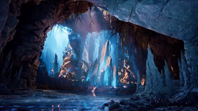 The view from under a dark rock arch into a huge cave where tall pale blue crystal and stalagmite columns glow, some veined with amber light, above a shallow pool that mirrors them.