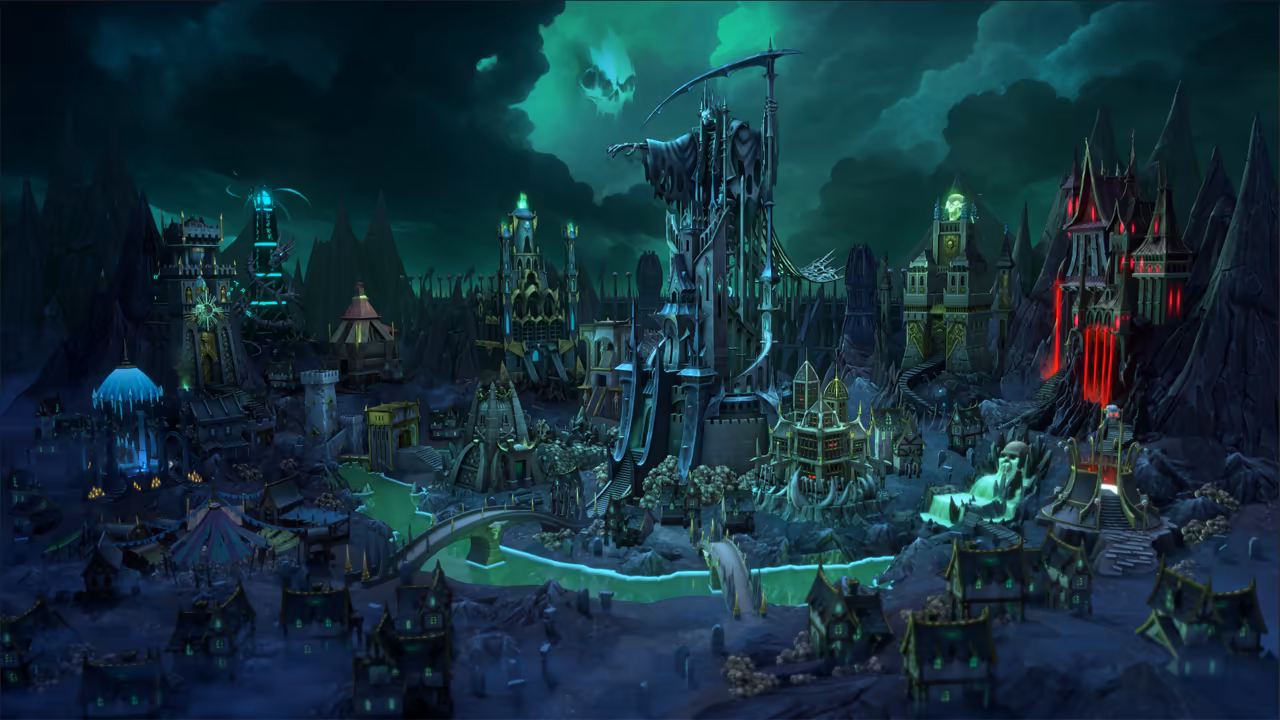 A dark town under swirling green clouds with a faint skull in the sky. At the center a tall black tower is topped by a huge hooded reaper holding a scythe. Gothic buildings with green-lit windows surround it, a bright green river curves through the middle under a stone bridge, and on the right a castle glows red, with gravestones and houses in front.