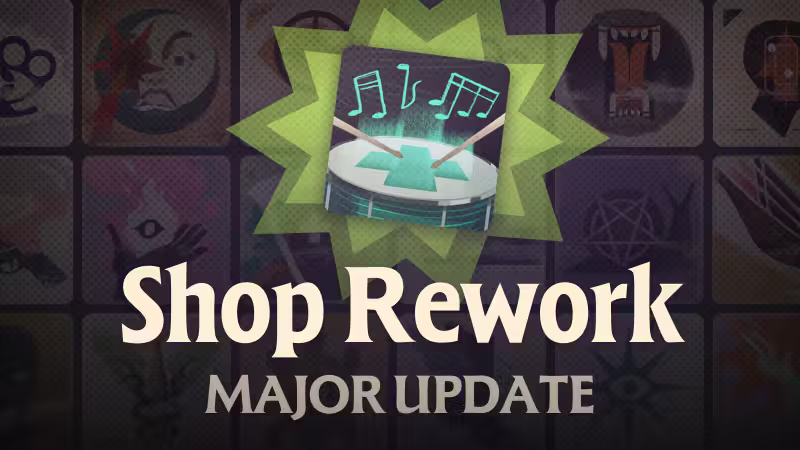 A cream title reading Shop Rework with Major Update beneath it, under a green starburst badge showing a drum with musical notes, over a dim background tiled with round item icons.