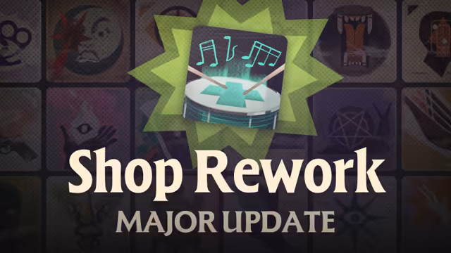 A cream title reading Shop Rework with Major Update beneath it, under a green starburst badge showing a drum with musical notes, over a dim background tiled with round item icons.