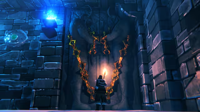 Screenshot of a lone Viking holding a torch before a tall carved stone door bound with glowing golden chains, inside a blue-lit stone hall