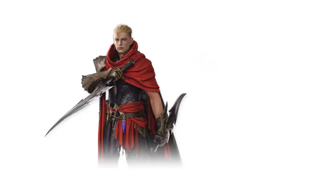 A man with short blond hair, a red cowl around his shoulders and a red sash over dark leather armor with a gold gauntlet holds a long curved blade across his body in one hand and a second hooked blade low in the other, on an empty background.
