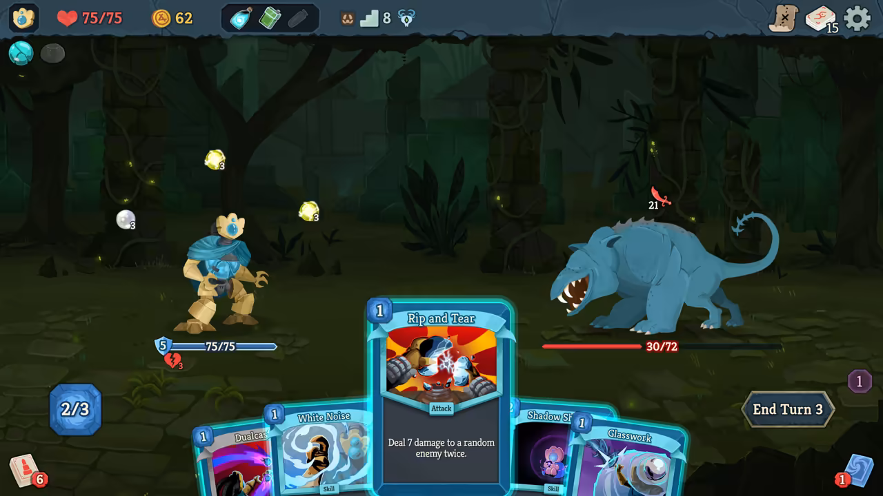 A golden robot with a blue cloak stands in a dark jungle ruin with three glowing orbs beside it and 75 of 75 HP, facing a large blue lizard-like creature with a toothy mouth. A hand of cards is fanned at the bottom, the middle one raised: Rip and Tear, an attack costing 1. The energy counter shows 2 of 3 and a button reads End Turn 3.