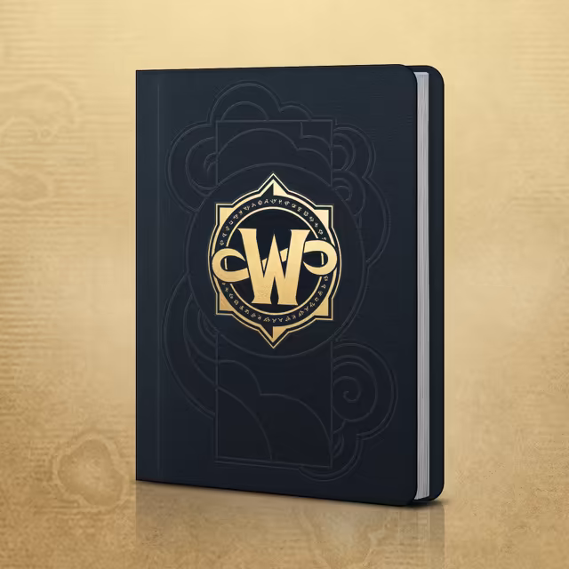 A closed hardcover notebook stands on a parchment background. Its dark navy cover is embossed with faint cloud and pillar outlines, and at its center a gold emblem shows a large W with looping sides inside a ring of runes on a star-shaped frame.