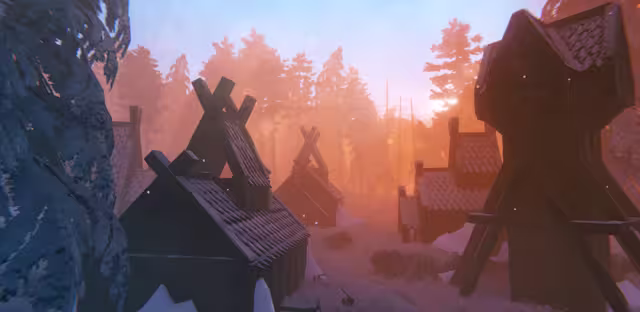 Screenshot of several dark timber houses with steep crossed-gable roofs among snowy pines in orange misty light, a tall wooden tower on the right