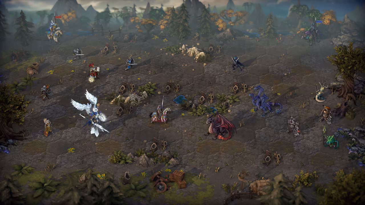 A top-down battlefield of cracked gray earth divided into faint hexagons, ringed by trees and broken carts. On the left stand human soldiers, a mounted knight and a figure with large white wings. On the right a red dragon, a purple-blue hydra and smaller creatures face them, with a mounted hero at each top corner.