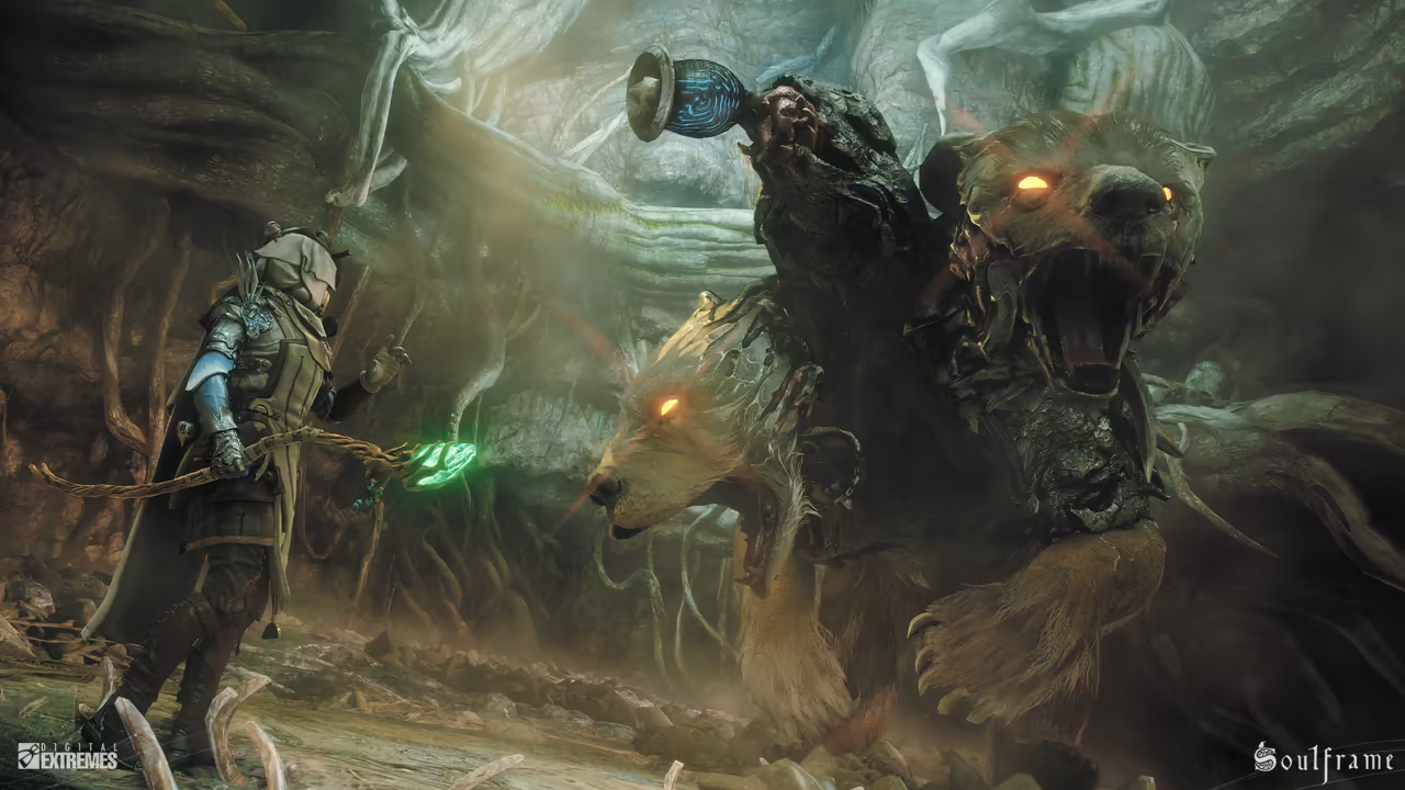 A misty cavern of pale twisted roots. At left a fighter in a hood and armor with a blue sleeve holds a long wooden bow with a bright green glow at one end. Charging from the right comes an enormous bear with two heads, one pale and one dark with jaws wide open, both with glowing yellow eyes; from its back rises a dark, shaggy form lifting a blue patterned goblet. Digital Extremes' logo sits in the lower left corner and the Soulframe logo in the lower right.