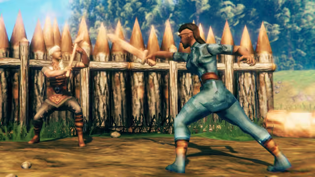 Two Vikings in plain clothes practice with a wooden axe and a wooden sword before a pointed log palisade.