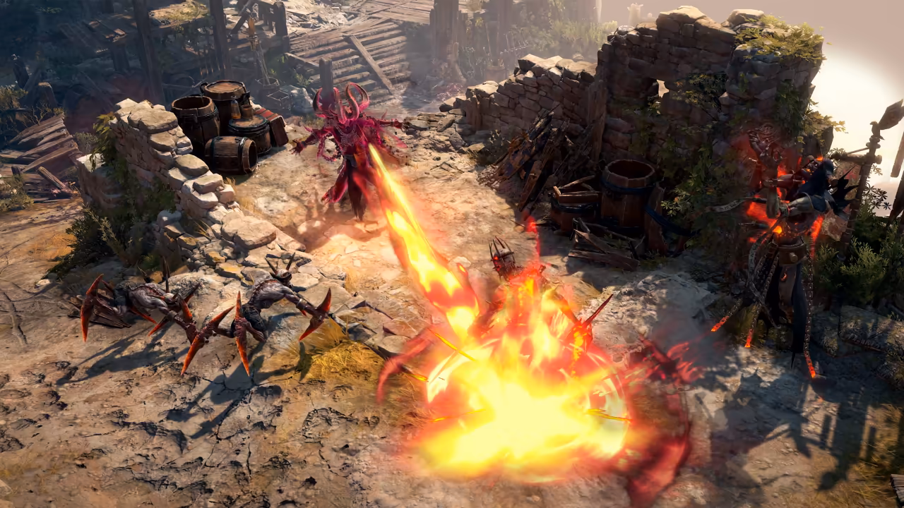 Top-down view of a sunlit ruin with crumbling walls and wooden barrels. A tall red horned silhouette sprays a blazing jet of fire downward at a spiky enemy; crawling spiked demons wait at left.