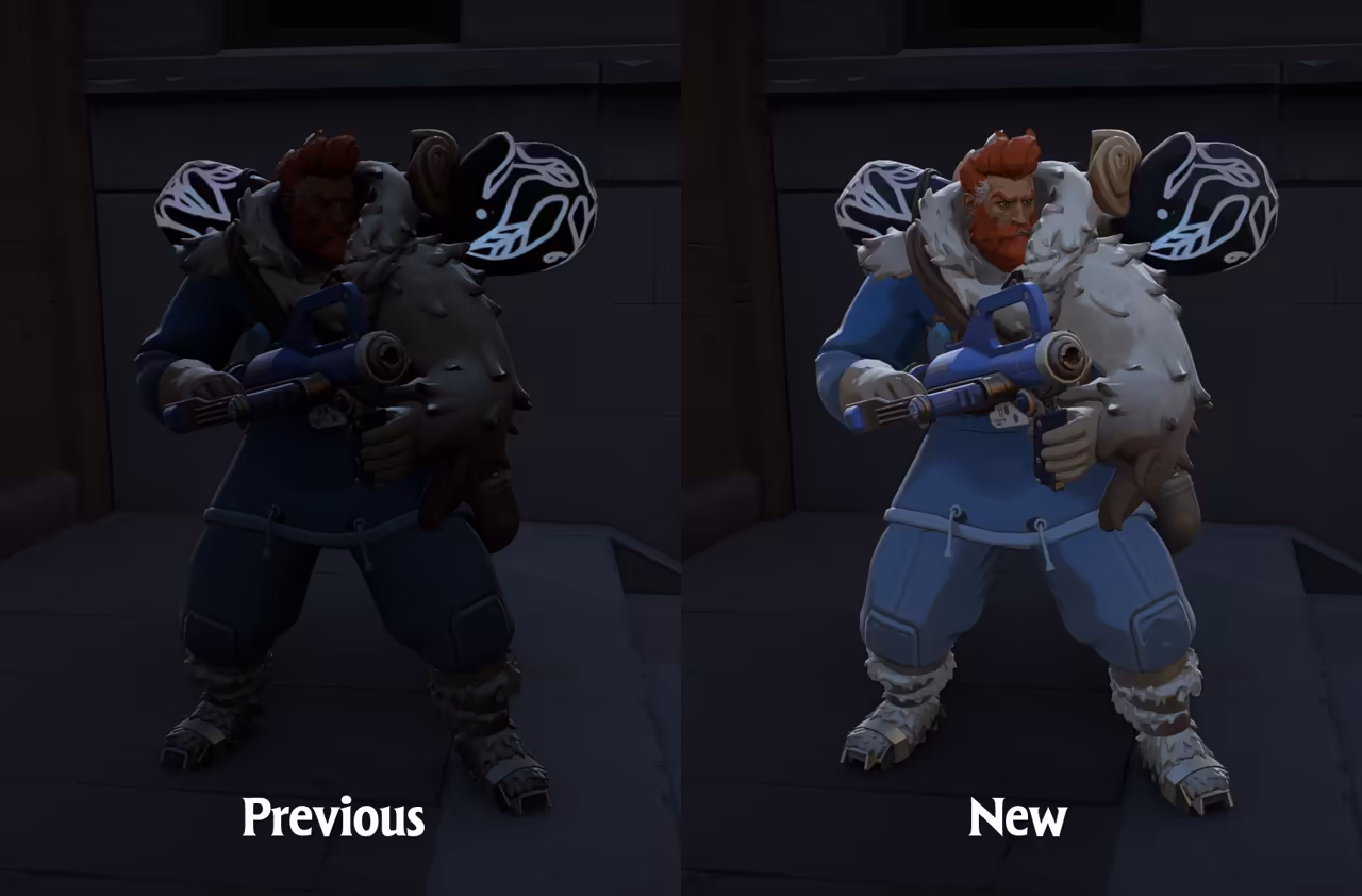 Two side-by-side renders of the same big bearded man in a dark blue coat with a white fur collar, a large spiked gauntlet and a gun, the left one darker and labeled Previous, the right one brighter and labeled New.