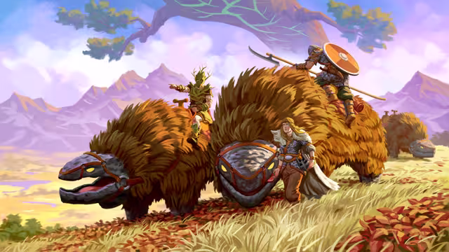 Painted illustration of two shaggy brown lox with harnessed, armored heads crossing golden grassland; a Viking with an axe-spear and round shield and another in leafy armor ride on their backs while a blonde warrior walks alongside, with purple mountains and a great tree branch behind.