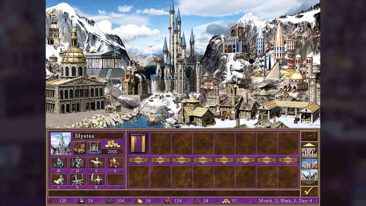 A gleaming town of white and gold towers, domes and spires among snow-covered mountains and blue sky. Below is a purple panel titled Mystos with creature portraits and gold 2000.