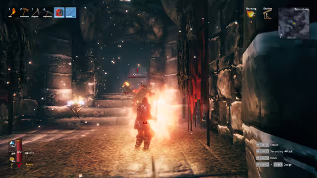 A Viking with a sword is engulfed in fire in front of a horned Cultist on stone steps inside a cave hung with red curtains; the HUD reads Cultist, Burning and Mountain