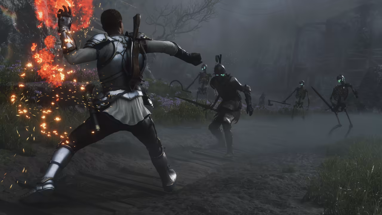 On a dark, foggy path beside purple flowers, a figure in silver plate armor and a white skirt lunges forward, flames and burning sparks swirling around one raised gauntlet. Facing them stands a knight in black armor with green glowing eyes, and behind come several skeletons with glowing green eyes carrying swords and scythes. Bare trees and the frame of a broken wooden structure loom in the mist. No game interface is shown.