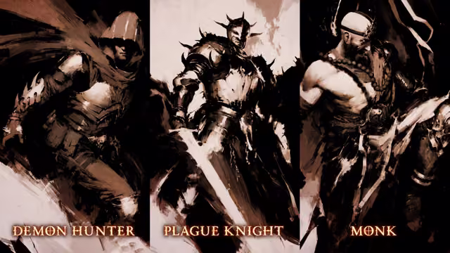 Three painted panels side by side, each labeled at the foot: a hooded Demon Hunter in armor with a crossbow, a Plague Knight in spiked armor and a horned helm holding a sword, and a bald, bearded Monk with prayer beads across his bare chest.