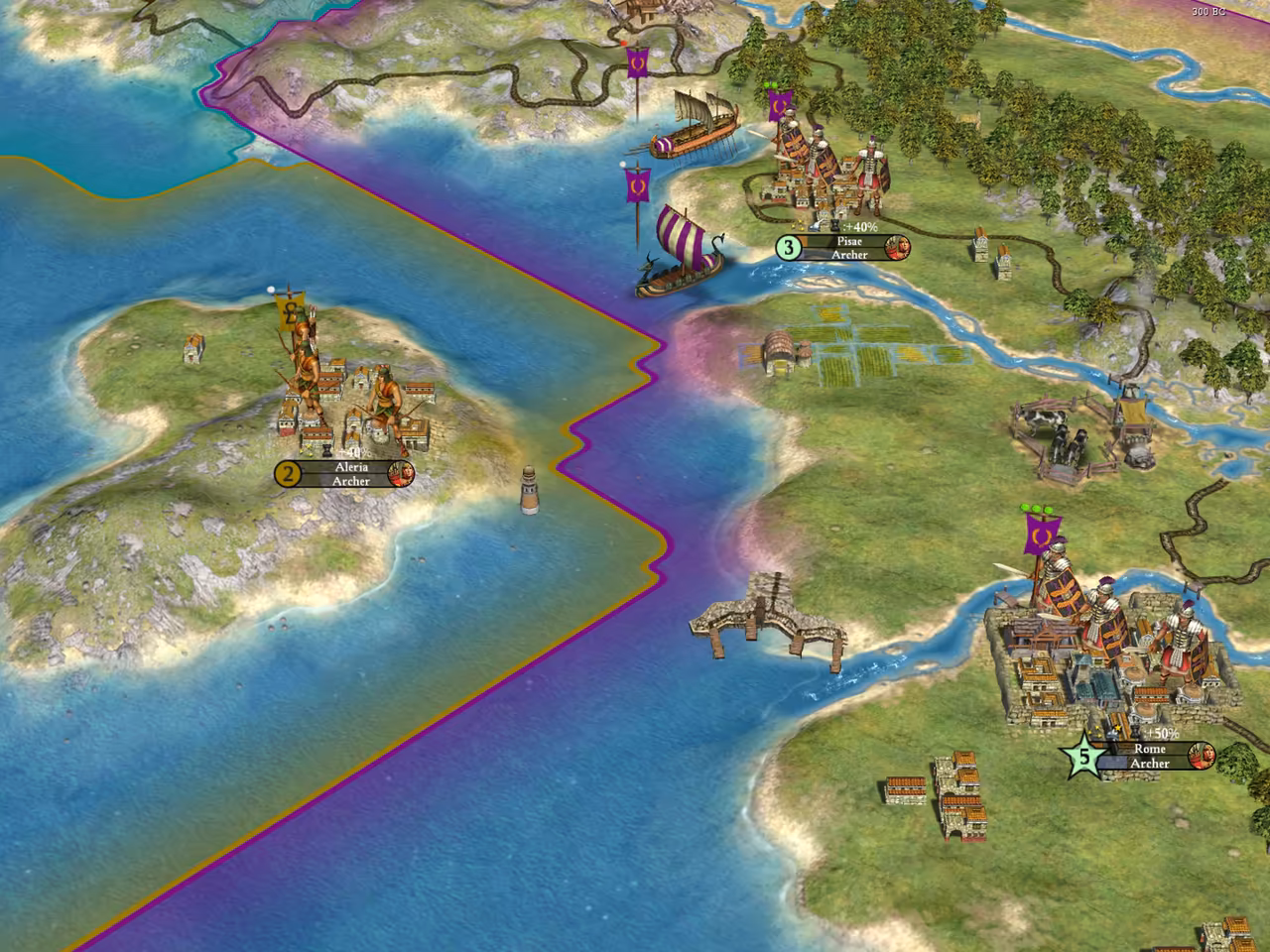 3D map of an island at left and a mainland at right separated by a strait, a purple border line running down the water, galleys, and city labels reading Aleria, Archer; Pisae, Archer; and Rome, Archer.