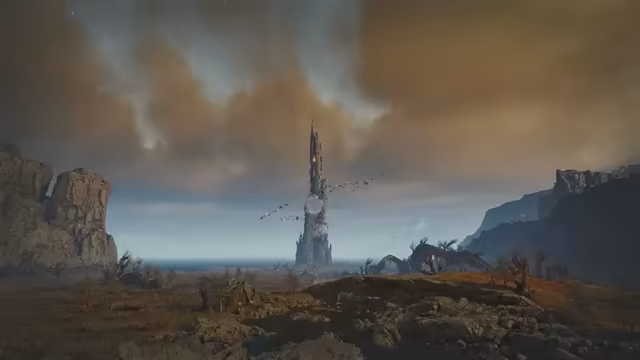 Dark, muddy marshland with scrubby trees and fallen trunks leads to a calm gray sea, where a single tall, dark tower with a glowing ring rises between rocky headlands under a heavy brown and teal sky, with birds circling it.