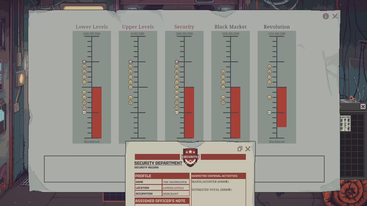 Five vertical gauges with smiling and frowning faces and a skull, and a Security Department record below them.