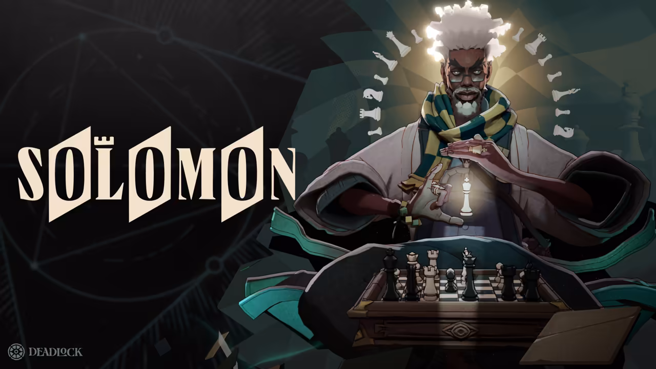 Painted older man with white hair and beard in a pale coat and green striped scarf, hands around a glowing chess king above a board of pieces, a halo of light behind him, beside the word Solomon.