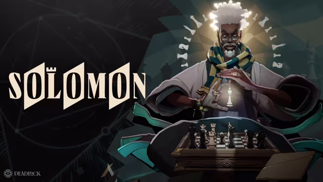 Painted older man with white hair and beard in a pale coat and green striped scarf, hands around a glowing chess king above a board of pieces, a halo of light behind him, beside the word Solomon.