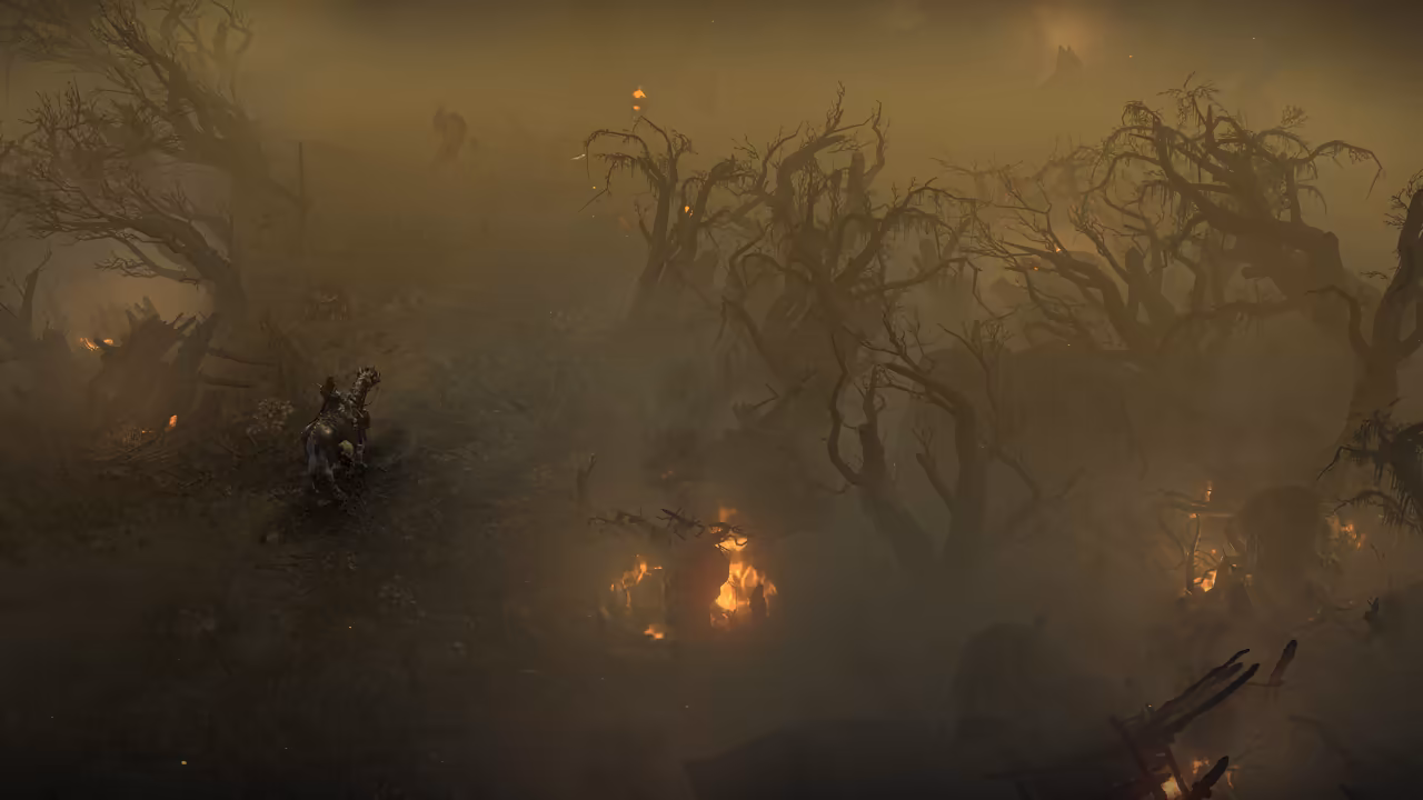 A smoky brown-green scene of leafless, gnarled trees. A lone mounted figure rides at left; small orange flames dot the ground and stumps.