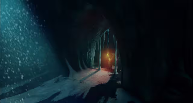 Dark blue concept painting of a cave tunnel with icicles hanging from the ceiling, snow falling through a shaft of light and a small torch-bearing figure at the far end.