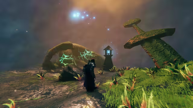 A cloaked Viking stands on dark ground near an arching root veined with green light, a small black lamp post glowing blue, and a huge moss-covered stone sword stuck in the grass, with blue wisps in the hazy sky