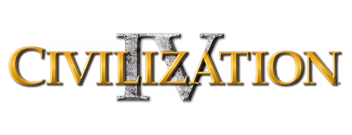 Logo with the word CIVILIZATION in gold capitals across a big gray stone Roman numeral IV.