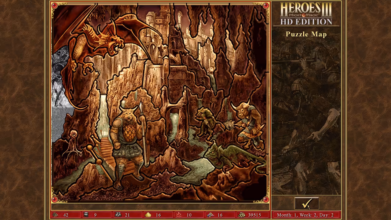 A sepia image made of jigsaw pieces shows a cavern with a dragon, towers carved into rock, a bull-headed warrior and other creatures. The right side of the screen is titled Heroes III HD Edition, Puzzle Map, with a check mark button.