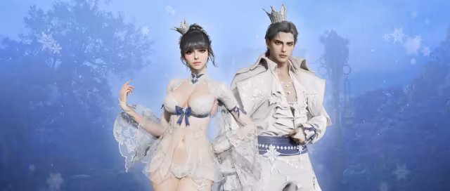 In a snowy blue forest with falling snowflakes, a woman with dark hair pinned up under a small silver crown wears a sheer white lace outfit with long translucent sleeves and blue ribbon bows, beside a dark-haired man in a crown, a white ruffled shirt, a long white embroidered coat and a navy sash with silver stars.