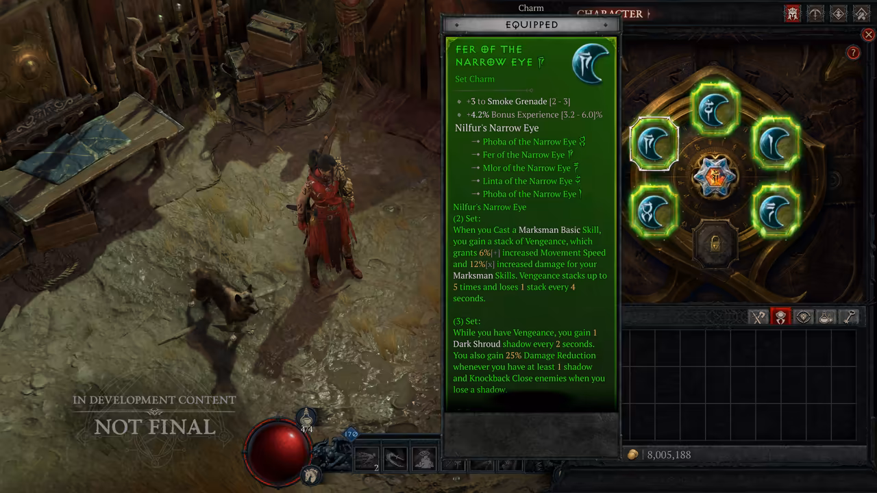 Left: a character in red standing by a dog in a muddy camp. Center: a green tooltip listing a charm's stats and set bonuses. Right: a circular bronze frame with five green-glowing crescent charms around a blue star-shaped seal.