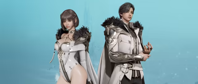 Against a pale turquoise background, a woman with a short brown bob in a white high-cut bodysuit with silver plates, black fur shoulders and a long white cape stands beside a dark-haired man in a long white coat with silver armored sleeves and shoulders, a black fur collar and a white cape, one hand raised.