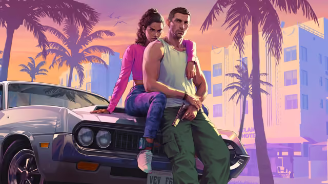 Illustration in pastel pinks and purples: a woman in a pink crop top sits on the hood of a silver 1970s car with her arm on the shoulder of a man in a white tank top and green cargo pants, who holds a pistol at his side, beneath palm trees and an art deco hotel.