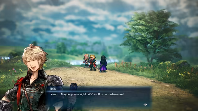 A drawn portrait of a smiling young man with light brown hair and a dark coat over a dialogue box headed Rain. Behind, on a dirt road between grass and a large tree, stand pixel-art characters including a blond one and one in long dark robes.