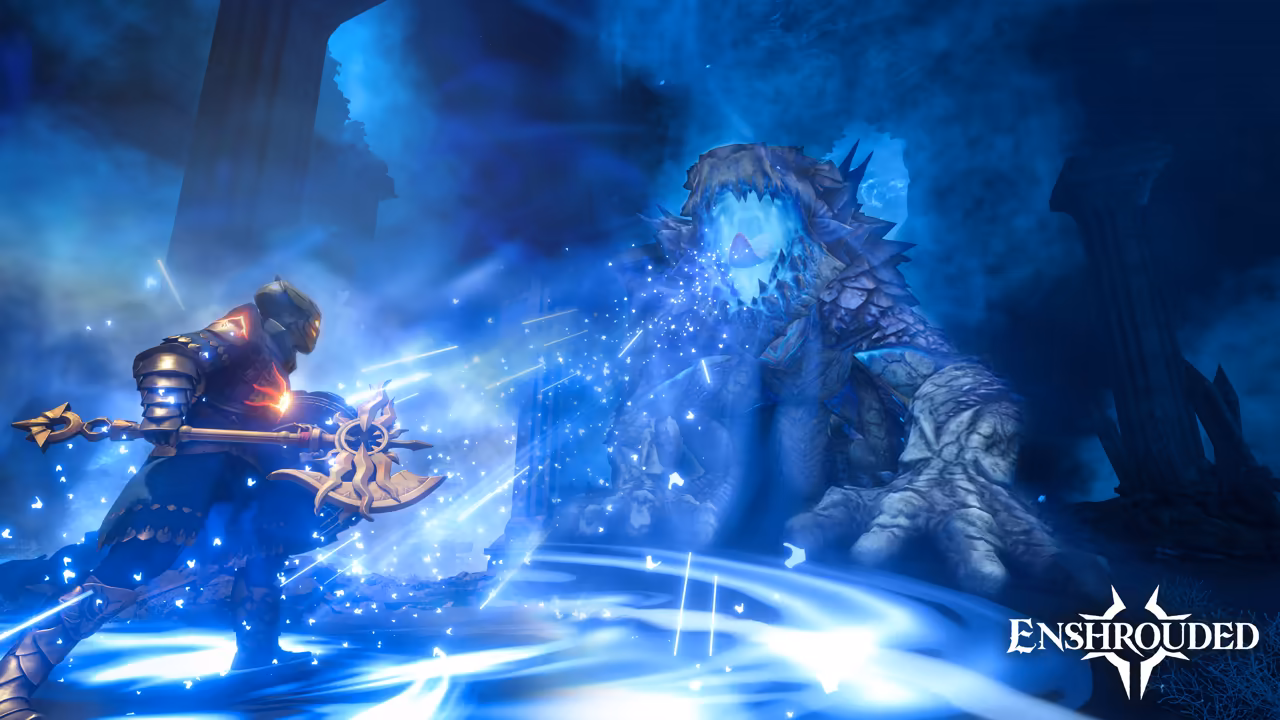 Blue fog and swirling blue sparks fill a ruined hall of stone columns. At left a figure in dark red and silver armor holds a long staff with an ornate blade at each end. Behind, a huge scaly creature with a spiky crest opens its jaws and breathes a cloud of blue frost. The Enshrouded logo is at bottom right.
