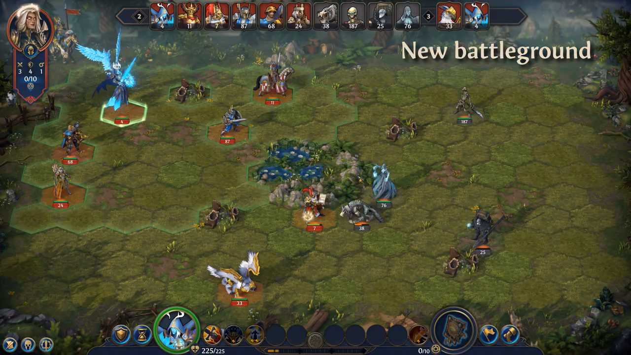 A green battlefield of hexagons around a small pond with lily pads. Blue-highlighted friendly units stand on the left, a skeleton and dark figures on the right, each with a red or gray number tag. Large cream text reads New battleground at the top right, a row of unit portraits forms the turn order across the top, and a hero portrait and action buttons frame the edges.