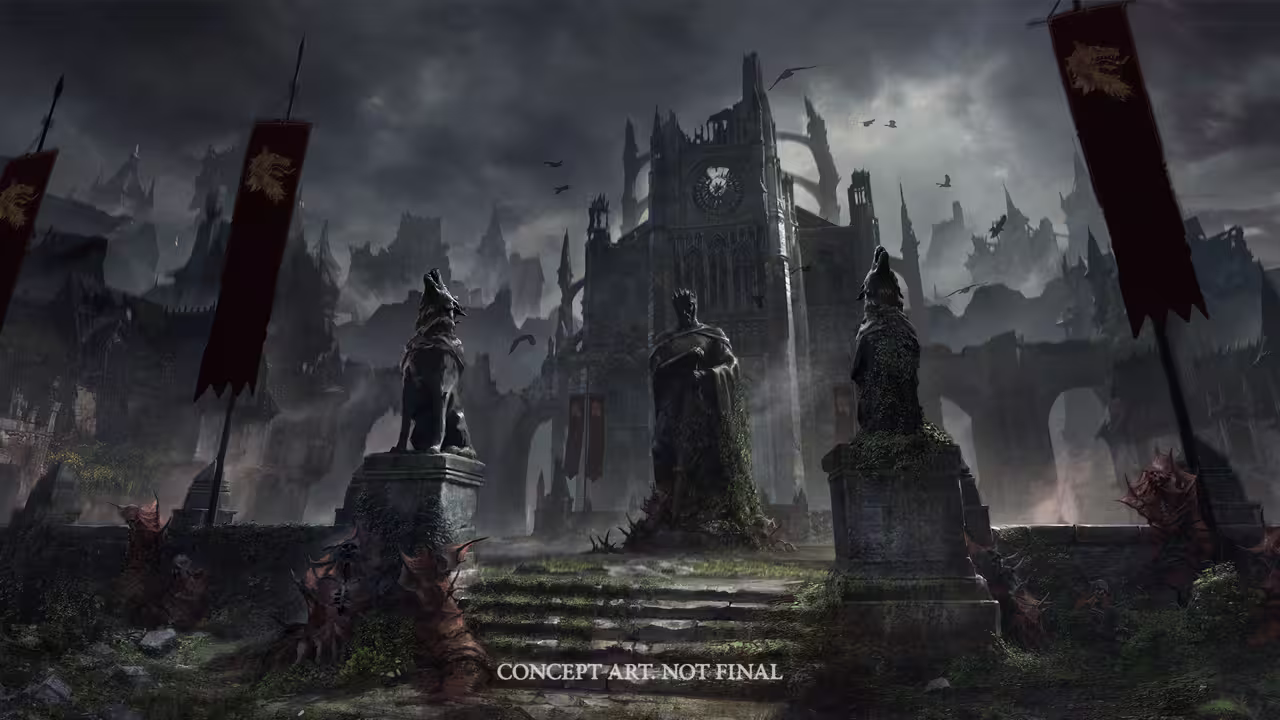 A painted view up a flight of worn stone steps toward a great ruined cathedral with a clock-like rose window, under dark storm clouds and circling birds. Three weathered statues stand on plinths, a seated beast on the left and two robed figures, and tall poles carry tattered dark red banners. Watermarked: concept art, not final.