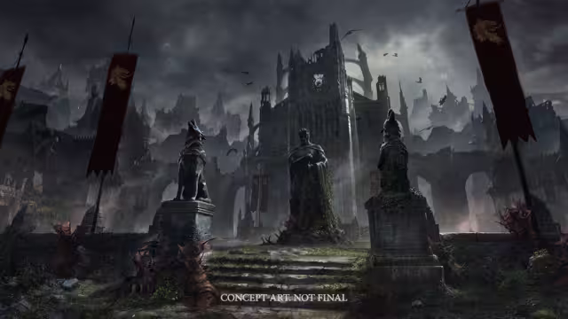 A painted view up a flight of worn stone steps toward a great ruined cathedral with a clock-like rose window, under dark storm clouds and circling birds. Three weathered statues stand on plinths, a seated beast on the left and two robed figures, and tall poles carry tattered dark red banners. Watermarked: concept art, not final.