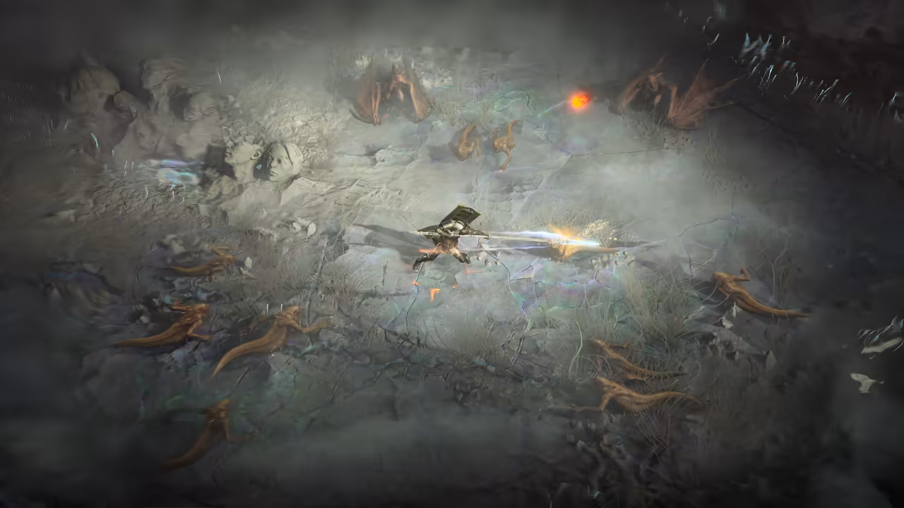 A foggy gray scene seen from above. A figure in the center thrusts a spear in a streak of light; little orange lizard creatures scatter, big brown winged demons hover, and carved stone faces poke out of the ground at left.