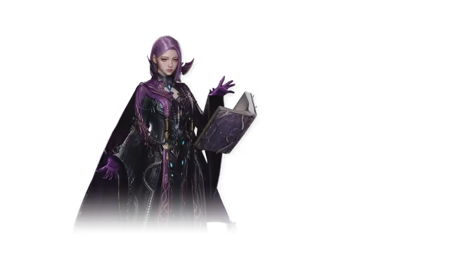 A woman with short purple hair and purple gloves, in a high-collared black robe patterned with purple and set with small blue gems, raises one hand while holding a large purple-bound book open in the other, on an empty background.