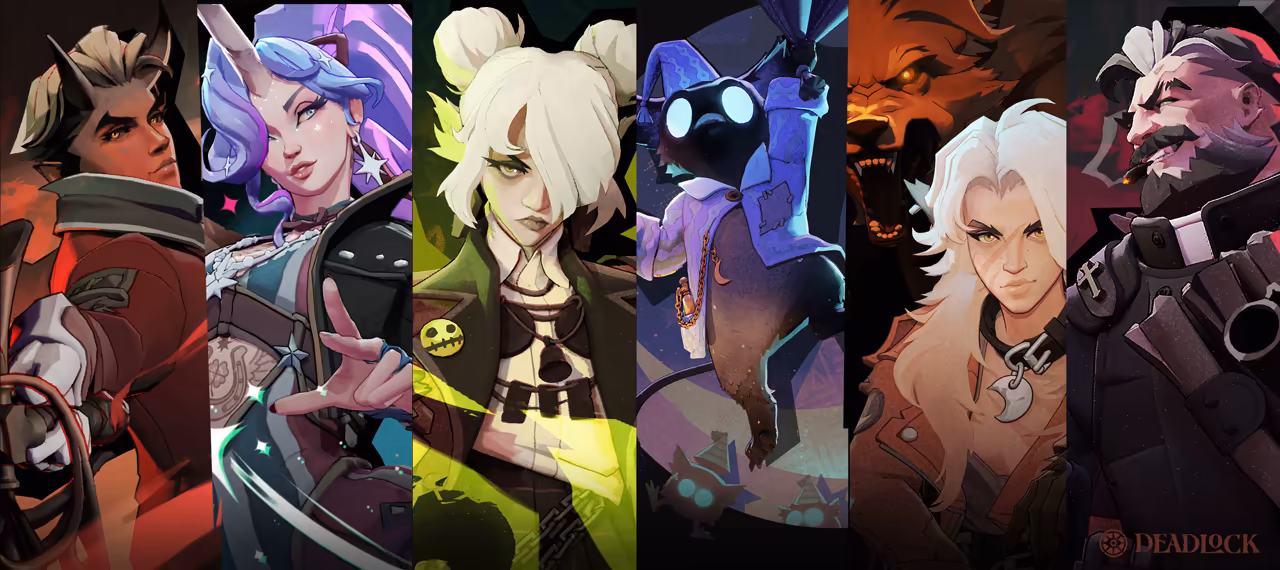 Six tall painted portraits side by side: a dark-haired man in red, a woman with lilac hair and a star, a pale woman with white hair buns, a small hooded creature with glowing eyes, a white-haired young man and a bearded man in a priest's collar.
