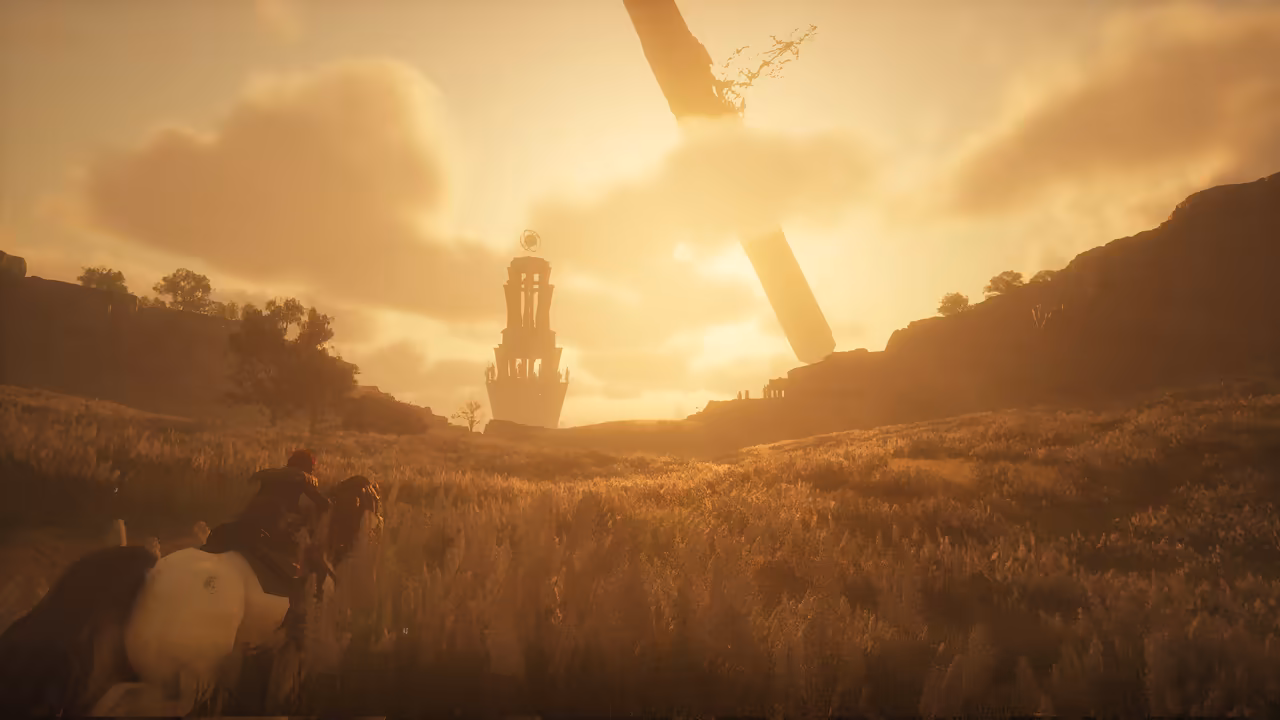 A wide field of tall pale grass glows in warm sunset light between low rocky hills with a few trees. In the lower left corner a rider on a white horse with a dark mane rides away from the viewer. Ahead, in the middle of the field, stands a tall pale tower of stacked tiers topped by a ring-shaped ornament. High in the hazy orange sky above it a gigantic dark pillar leans at an angle, with branch-like growths near its top. No game interface is shown.